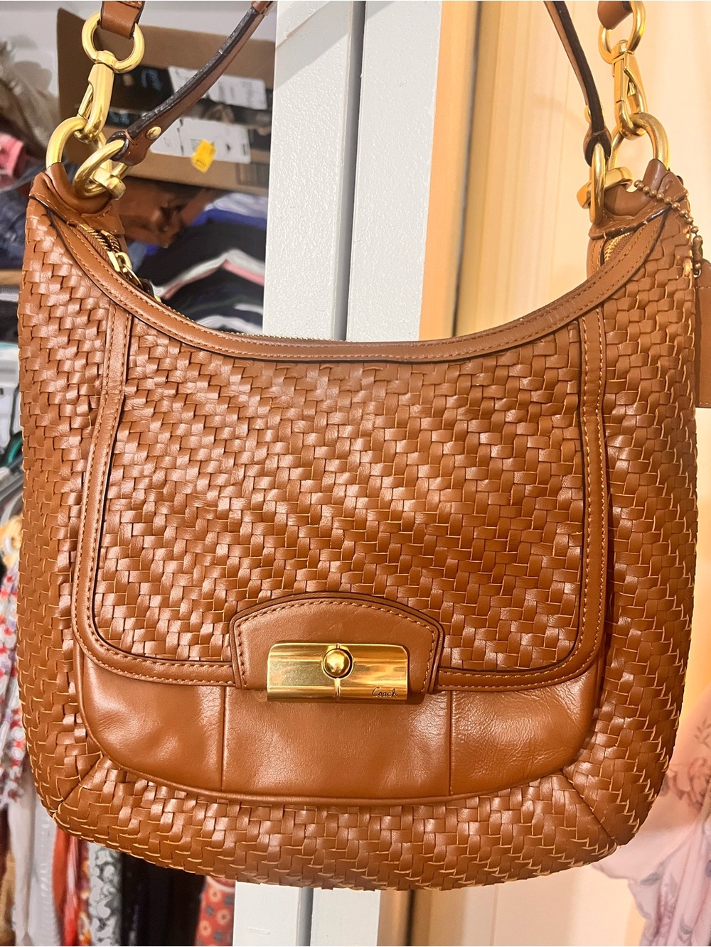 Coach Woven Leather Shoulder Bag in Brown with Gold Hardware